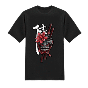 Polera Samurai Oni con Katanas y Flor Roja
