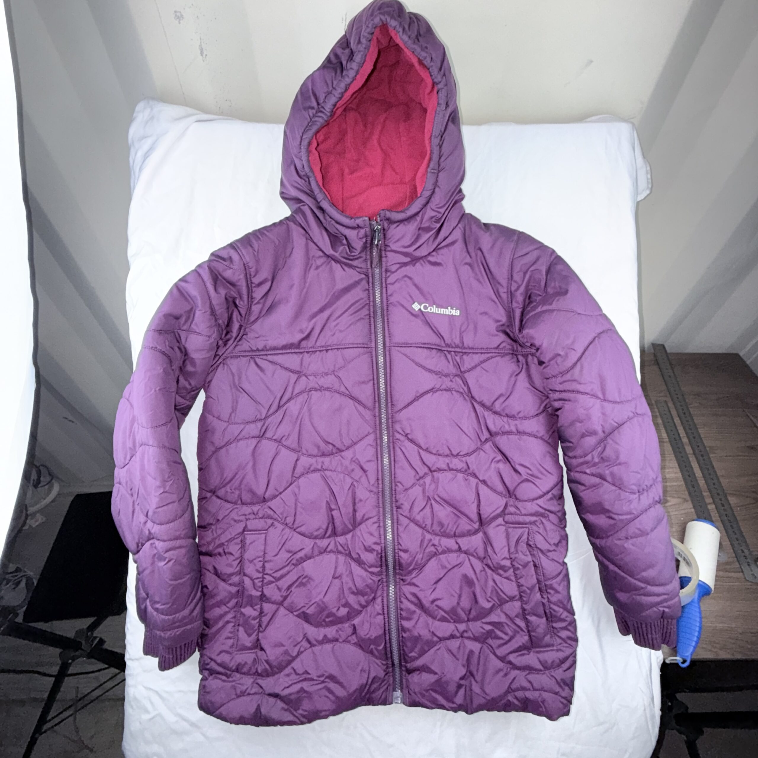 Parka Acolchada Columbia Morada con Polar Fucsia Talla L Niñas / XS Mujer